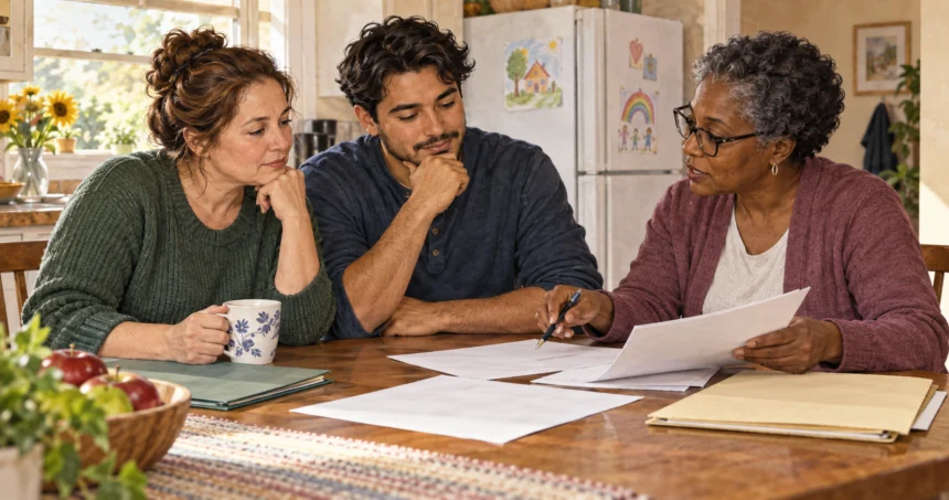 Conceptual painting of family members discussing support records with a tax preparer.