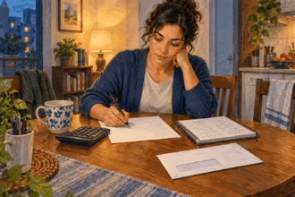 Painted illustration of a person planning payments at a table with a calculator and papers.