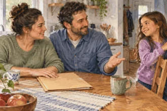 Conceptual watercolor of parents with a closed tax folder as their child arrives home.