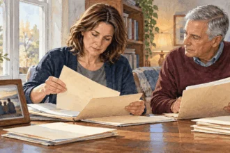 Conceptual painting of relatives organizing a deceased loved one’s tax records.