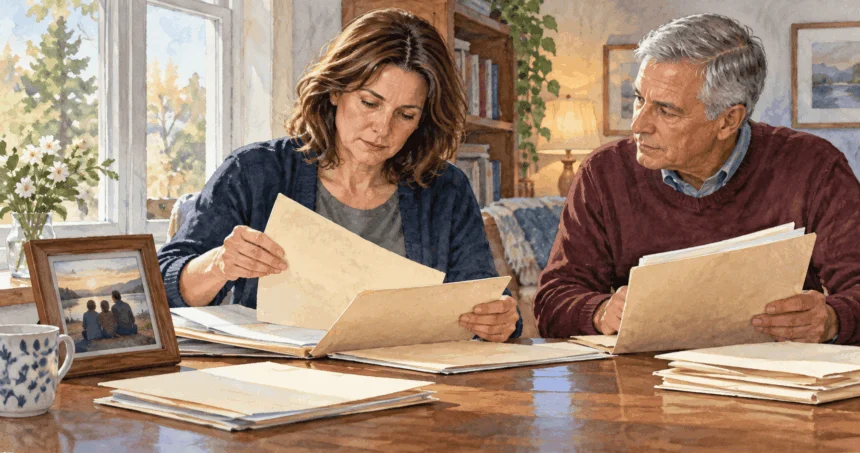 Conceptual painting of relatives organizing a deceased loved one’s tax records.