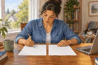 Conceptual watercolor of a taxpayer revisiting two blank tax worksheets.