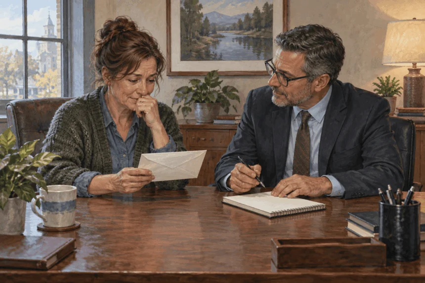 Painted illustration of a lottery winner discussing taxes with an adviser.