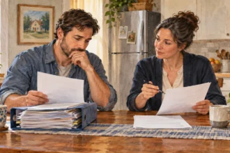 Homeowner and tax preparer compare mortgage-interest records with a simpler tax worksheet.