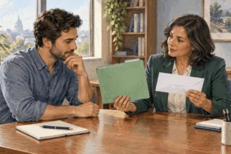 Conceptual painting of a worker discussing a health savings account.