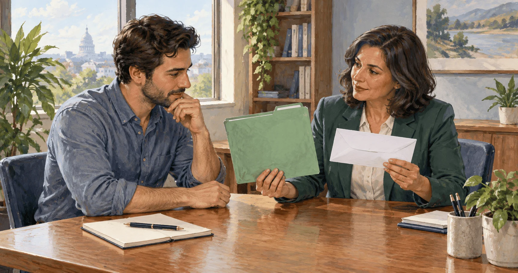 Conceptual painting of a worker discussing a health savings account.