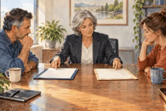 Conceptual watercolor of separated adults reviewing blank financial folders with a tax adviser.