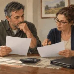 Painted illustration of a taxpayer and accountant comparing investment records.