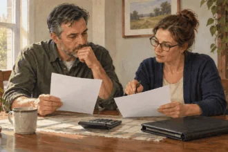 Painted illustration of a taxpayer and accountant comparing investment records.