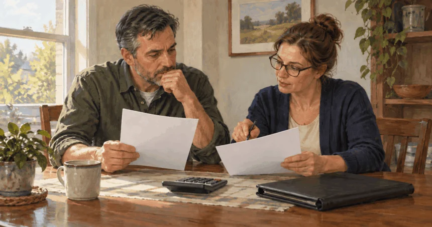 Painted illustration of a taxpayer and accountant comparing investment records.
