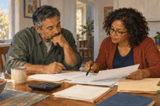 Conceptual painting of an investor and preparer reviewing blank dividend records.