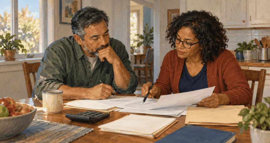 Conceptual painting of an investor and preparer reviewing blank dividend records.
