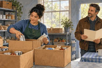 Conceptual painting of a donor organizing charitable-giving records at a food pantry.