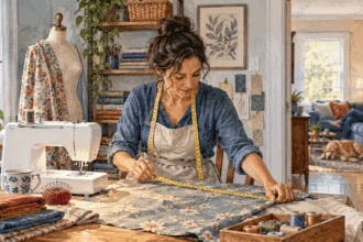 Conceptual watercolor of a self-employed seamstress working in a home sewing corner.