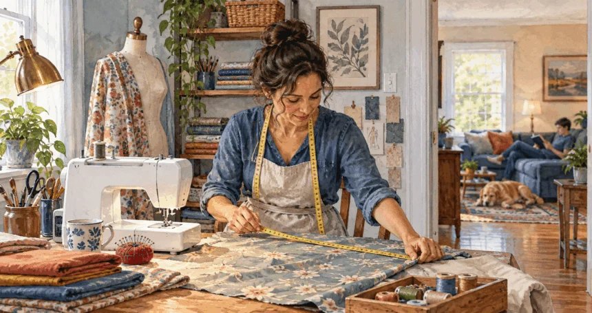 Conceptual watercolor of a self-employed seamstress working in a home sewing corner.