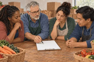 Conceptual painting of volunteers reviewing a nonprofit application at a food pantry.
