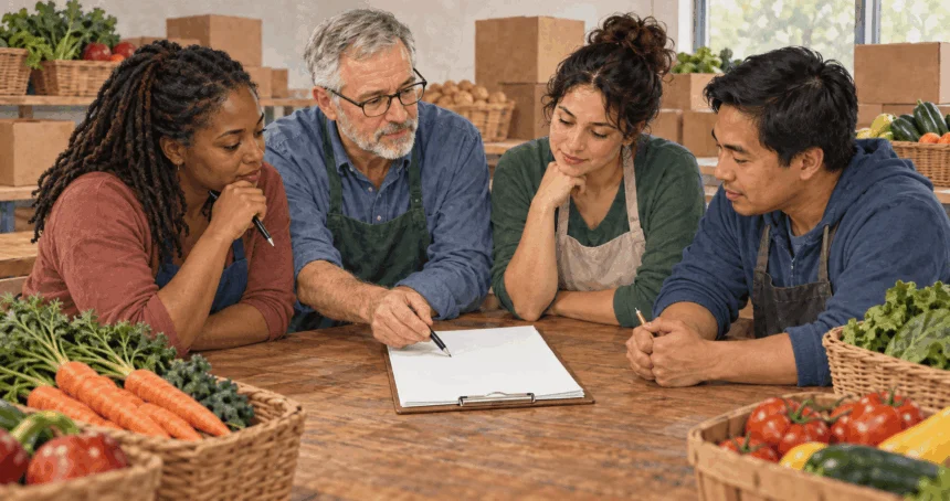 Conceptual painting of volunteers reviewing a nonprofit application at a food pantry.