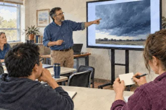 Conceptual painting of volunteers training to report weather observations.