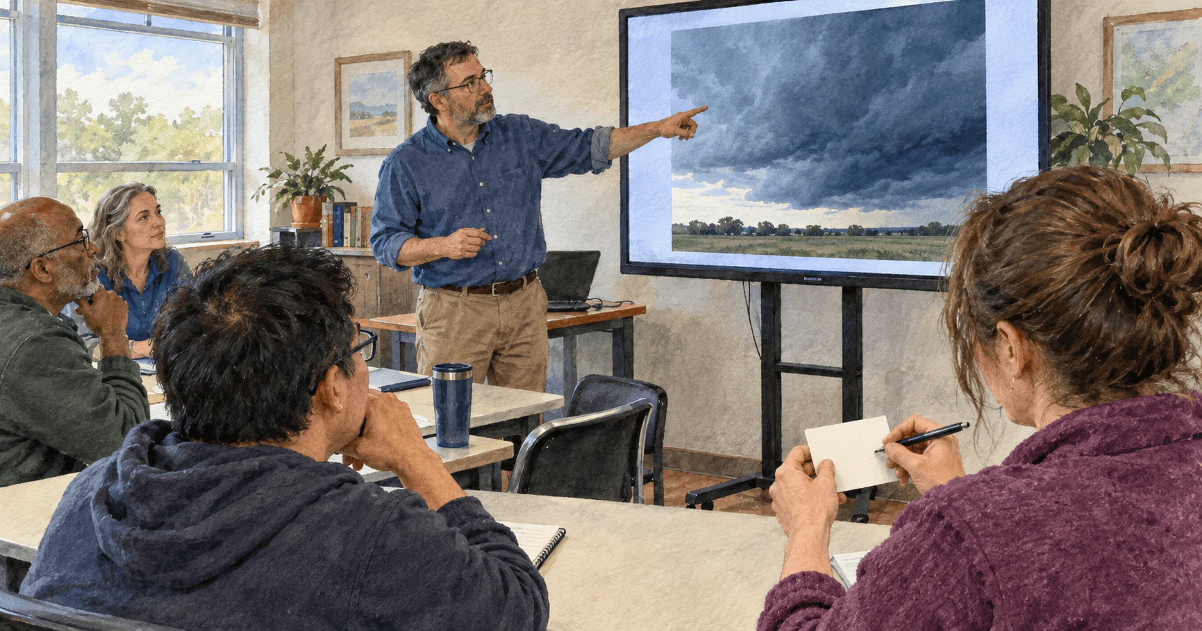 Conceptual painting of volunteers training to report weather observations.