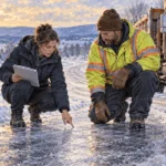 Conceptual watercolor painting of road crew and emergency manager inspect a snowy route.