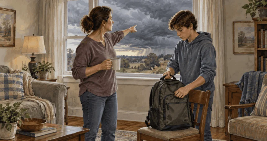 Painted scene of a family preparing as storm clouds approach.