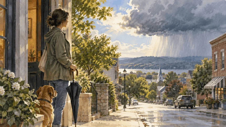 Conceptual painting of a walker considering an umbrella beneath a mixed sky with distant rain.