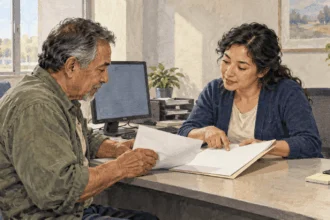 Conceptual painting of an applicant reviewing a benefits packet with a service worker.