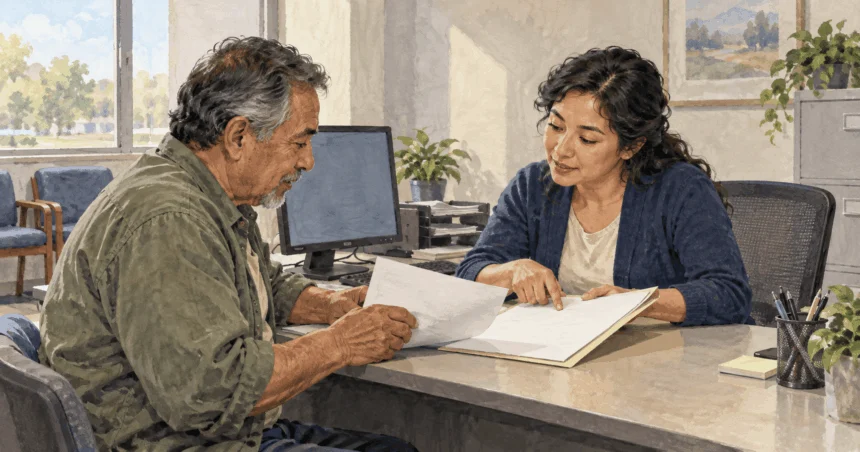 Conceptual painting of an applicant reviewing a benefits packet with a service worker.