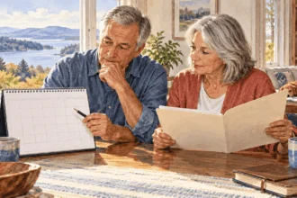 Conceptual watercolor painting of older couple considers retirement timing.