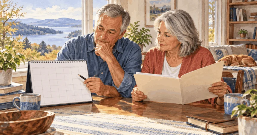 Conceptual watercolor painting of older couple considers retirement timing.