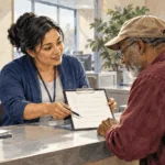 A service worker helps a visitor review a replacement-card checklist.