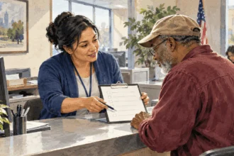 A service worker helps a visitor review a replacement-card checklist.