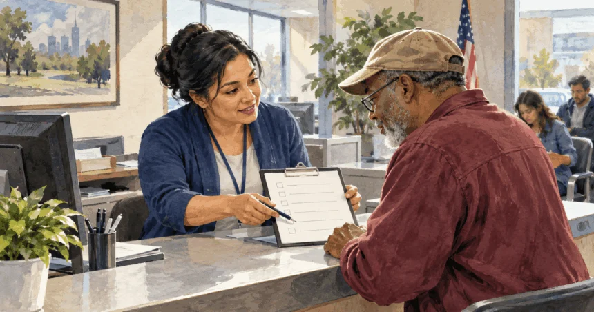 A service worker helps a visitor review a replacement-card checklist.