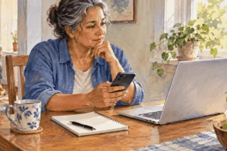 Conceptual painting of a person preparing to use a laptop and phone at a home table.