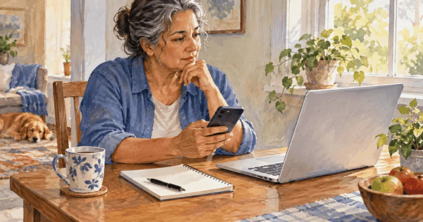 Conceptual painting of a person preparing to use a laptop and phone at a home table.