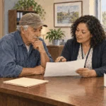 Painted illustration of an older worker discussing a retirement benefits record with a counselor.