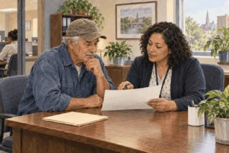 Painted illustration of an older worker discussing a retirement benefits record with a counselor.
