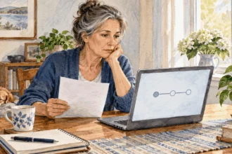 Conceptual painting of an applicant checking the status of a benefits application.