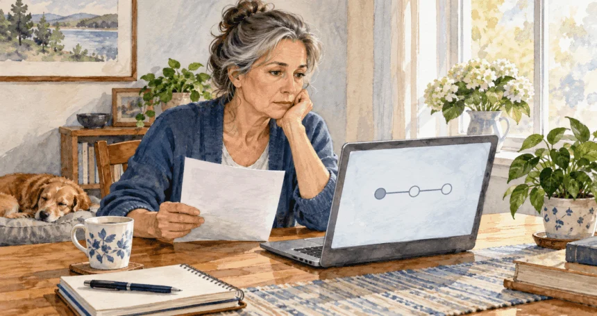 Conceptual painting of an applicant checking the status of a benefits application.