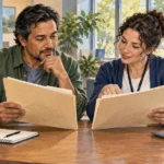 An adult and benefits counselor review two sets of eligibility records.