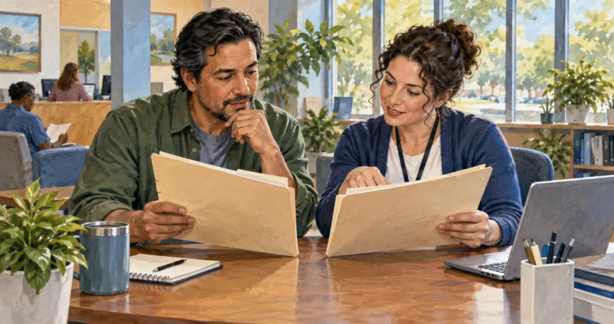 An adult and benefits counselor review two sets of eligibility records.