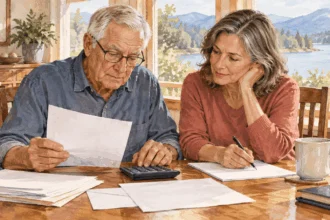 Conceptual watercolor painting of retiree and family member review tax papers.