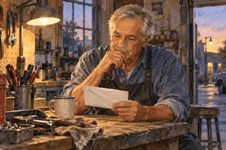 Conceptual painting of an older worker examining a plain pay envelope at a repair-shop bench.