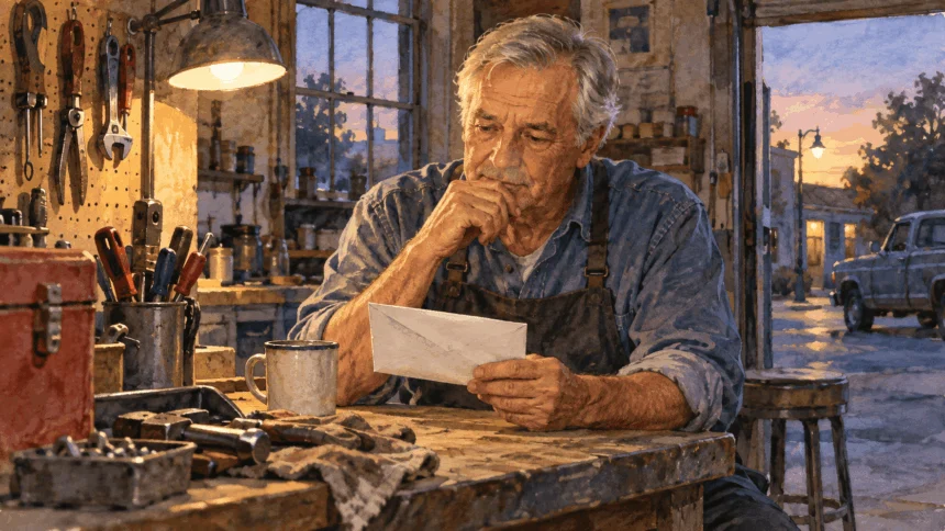 Conceptual painting of an older worker examining a plain pay envelope at a repair-shop bench.