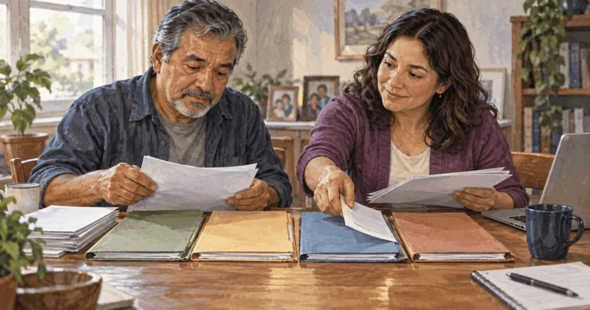 Conceptual painting of a benefits claimant and advocate organizing papers into four folders.