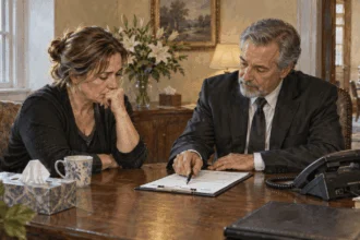 A funeral director helps a family member prepare a benefits notification.