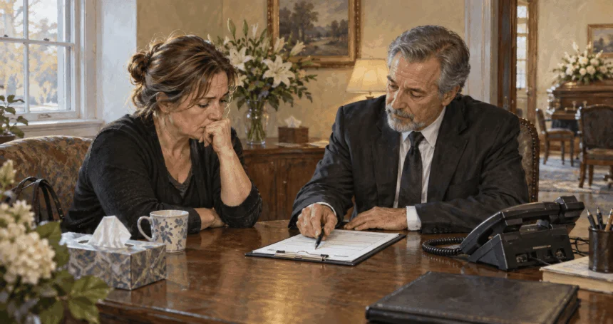 A funeral director helps a family member prepare a benefits notification.