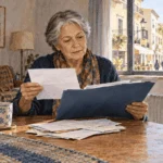 Painted illustration of an older resident abroad reviewing Social Security correspondence.