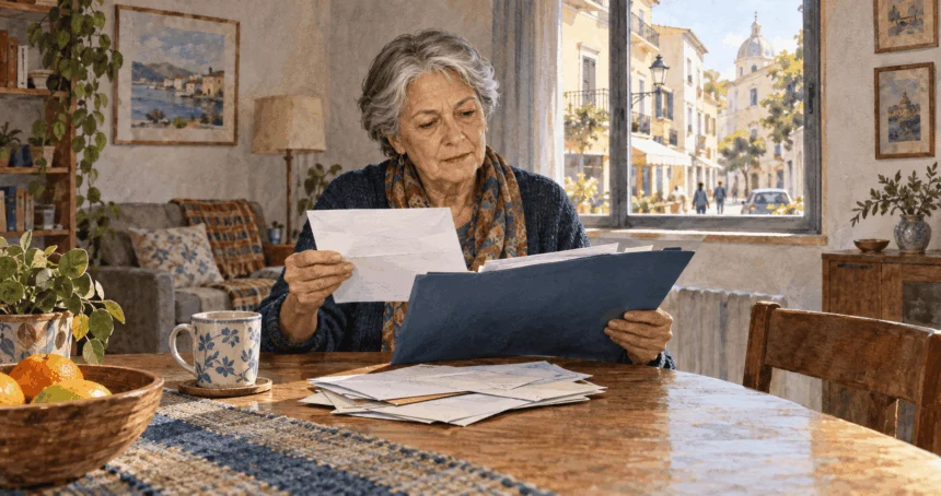 Painted illustration of an older resident abroad reviewing Social Security correspondence.