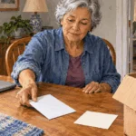 Painted illustration of a person organizing mail beside a moving box at home.